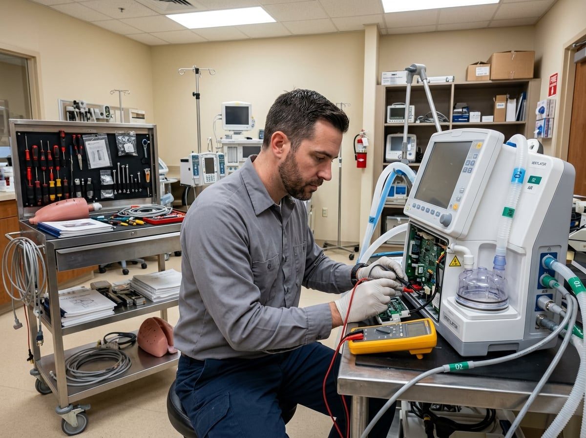 Male technician inspecting and servicing medical equipment during preventive maintenance