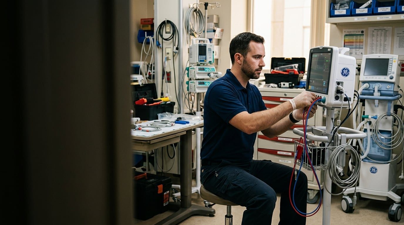 Male biomedical field technician performing preventive maintenance on hospital medical equipment