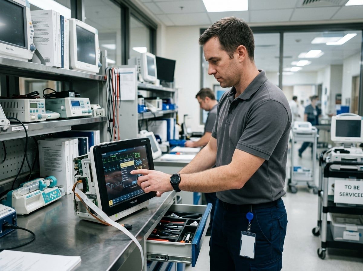 Male biomedical technician performing preventive maintenance on medical equipment in a modern hospital